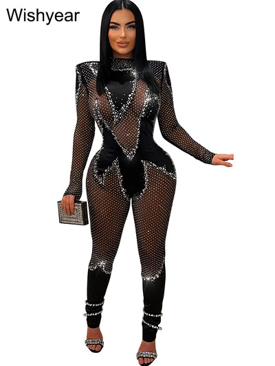 Wishyear Luxury Rhinestones sädelevad pikkade varrukatega kitsad võrkmustad kombinesoonid naiste sünnipäevaks seksikad ööklubi ühes tükis püksid