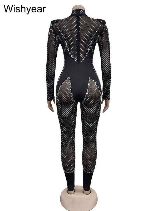 Wishyear Luxury Rhinestones sädelevad pikkade varrukatega kitsad võrkmustad kombinesoonid naiste sünnipäevaks seksikad ööklubi ühes tükis püksid