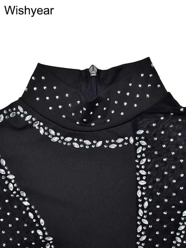 Wishyear Luxury Rhinestones sädelevad pikkade varrukatega kitsad võrkmustad kombinesoonid naiste sünnipäevaks seksikad ööklubi ühes tükis püksid