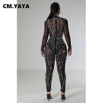 CM.YAYA Women Mesh See Though Diamond Hot Rhinestones Μακρυμάνικη Ολόσωμη φόρμα 2024 Chic Sexy Party One Piece Suit Romper Playsuit