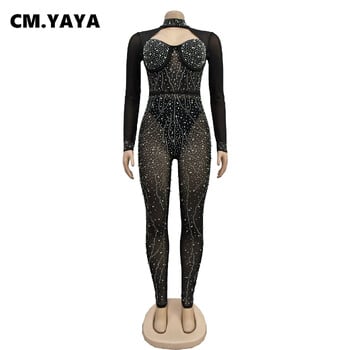 CM.YAYA Women Mesh See Though Diamond Hot Rhinestones Μακρυμάνικη Ολόσωμη φόρμα 2024 Chic Sexy Party One Piece Suit Romper Playsuit