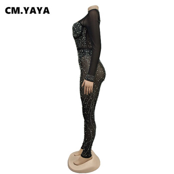 CM.YAYA Women Mesh See Though Diamond Hot Rhinestones Μακρυμάνικη Ολόσωμη φόρμα 2024 Chic Sexy Party One Piece Suit Romper Playsuit