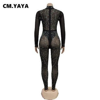 CM.YAYA Women Mesh See Though Diamond Hot Rhinestones Μακρυμάνικη Ολόσωμη φόρμα 2024 Chic Sexy Party One Piece Suit Romper Playsuit