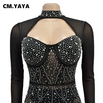 CM.YAYA Women Mesh See Though Diamond Hot Rhinestones Μακρυμάνικη Ολόσωμη φόρμα 2024 Chic Sexy Party One Piece Suit Romper Playsuit