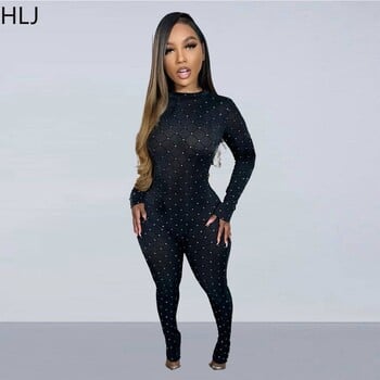 HLJ Μαύρο Sexy Mesh Perspective Rhinestone Bodycon Φόρμες νυχτερινού κλαμπ Γυναικείες φόρμες με στρογγυλή λαιμόκοψη, μακρυμάνικο, λεπτή γυναικεία φόρμα