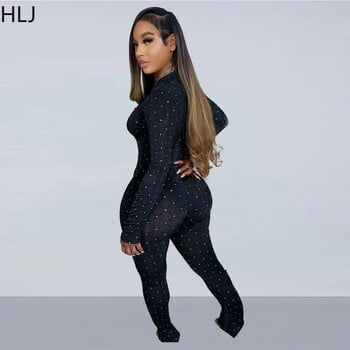 HLJ Μαύρο Sexy Mesh Perspective Rhinestone Bodycon Φόρμες νυχτερινού κλαμπ Γυναικείες φόρμες με στρογγυλή λαιμόκοψη, μακρυμάνικο, λεπτή γυναικεία φόρμα