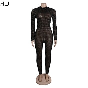 HLJ Μαύρο Sexy Mesh Perspective Rhinestone Bodycon Φόρμες νυχτερινού κλαμπ Γυναικείες φόρμες με στρογγυλή λαιμόκοψη, μακρυμάνικο, λεπτή γυναικεία φόρμα