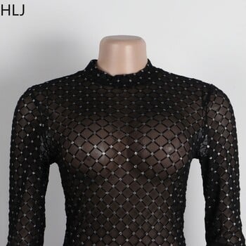 HLJ Μαύρο Sexy Mesh Perspective Rhinestone Bodycon Φόρμες νυχτερινού κλαμπ Γυναικείες φόρμες με στρογγυλή λαιμόκοψη, μακρυμάνικο, λεπτή γυναικεία φόρμα