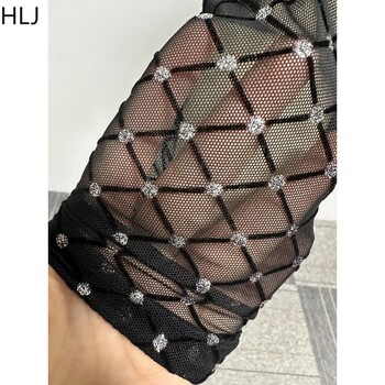 HLJ Μαύρο Sexy Mesh Perspective Rhinestone Bodycon Φόρμες νυχτερινού κλαμπ Γυναικείες φόρμες με στρογγυλή λαιμόκοψη, μακρυμάνικο, λεπτή γυναικεία φόρμα