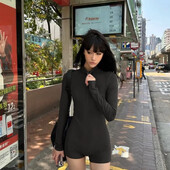 Ženski kombinezon dugih rukava, crne sportske kratke hlače, korejski stil, vrhunsko, žensko, zgodna djevojka, proljeće, 2024.