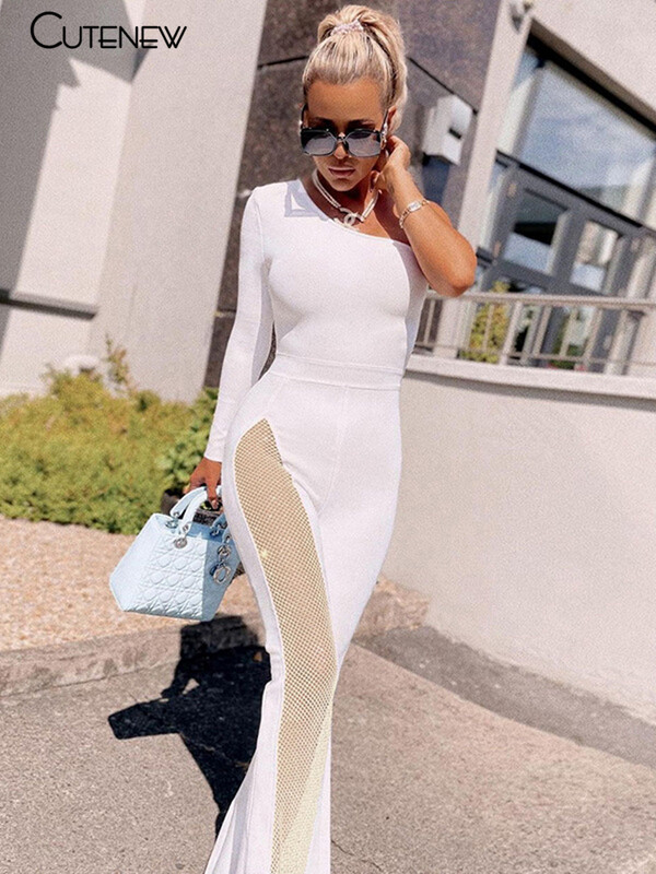 NIBBER Sexy Mesh Patchwork One Shoulder Playsuits Γυναικείες Κομψές μασίφ Skinny Flare Παντελόνια Ολόσωμη φόρμα μόδας Lady Party Streetwear