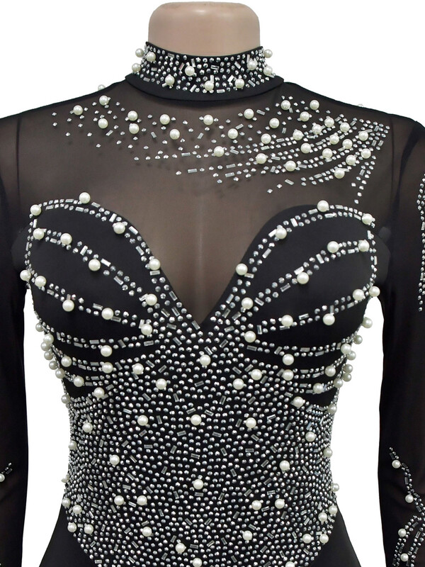 Beyprern Ženski prozirni mrežasti kristalni kombinezoni Jednodijelni odjevni predmeti Glam krojeni dugih rukava Biserne hlače sa kamenčićima Klubski kombinezoni