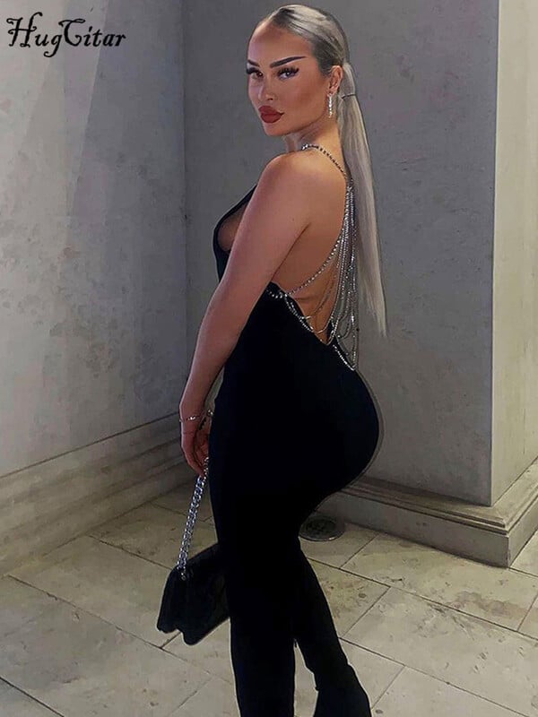 Hugcitar ženski modni crni bez rukava s lancima bez rukava Seksi kombinezon uz tijelo 2024. proljetni party festival Y2K kombinezoni
