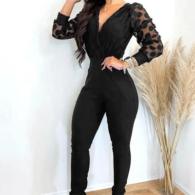Salopete lungi Femei Nouă Modă Sexy Casual Elegant Negru Decolteu în V Plasă cu buline Saritură cu mâneci lungi Y2k 2024 Toamna Primăvară