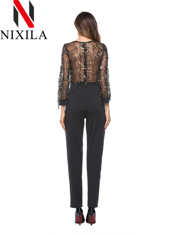 Novo u ženskom kombinezonu dugih rukava s V-izrezom i šljokicama Elegantne ležerne hlače Crni kombinezon Ženska seksi ulična ženska odjeća