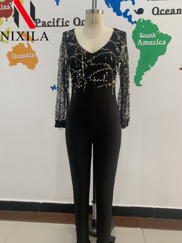 Novo u ženskom kombinezonu dugih rukava s V-izrezom i šljokicama Elegantne ležerne hlače Crni kombinezon Ženska seksi ulična ženska odjeća