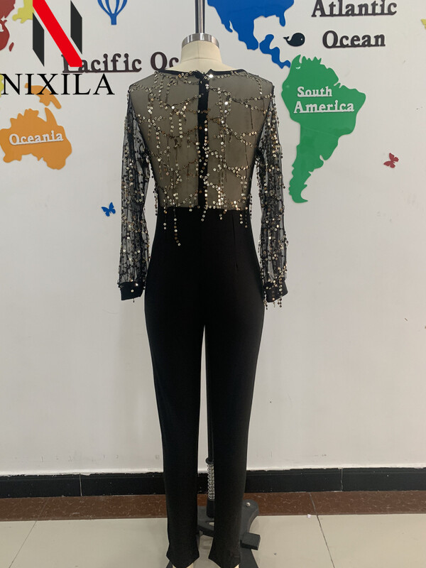 Novo u ženskom kombinezonu dugih rukava s V-izrezom i šljokicama Elegantne ležerne hlače Crni kombinezon Ženska seksi ulična ženska odjeća