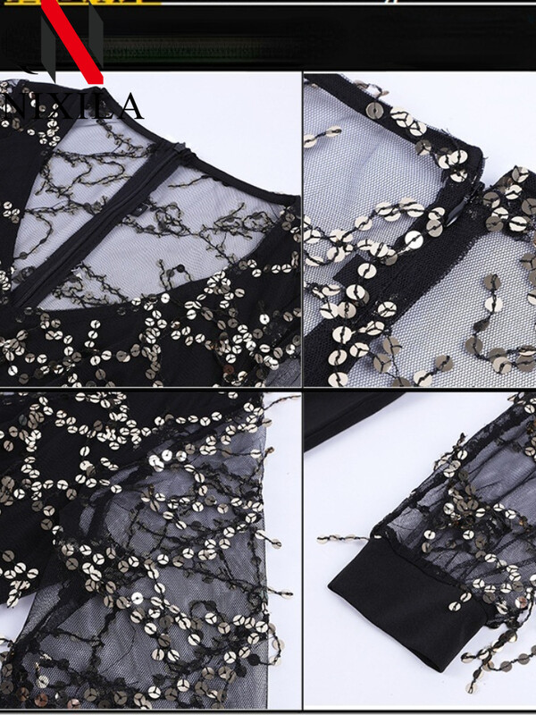 Novo u ženskom kombinezonu dugih rukava s V-izrezom i šljokicama Elegantne ležerne hlače Crni kombinezon Ženska seksi ulična ženska odjeća