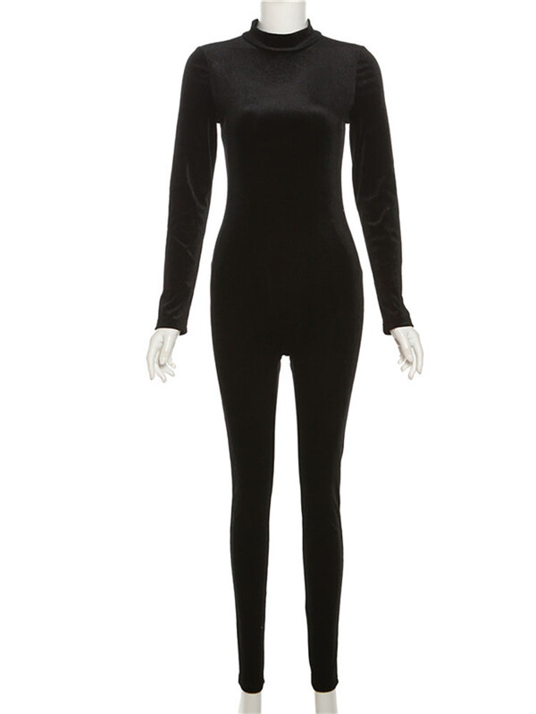 Sametine ühevärviline pikkade varrukatega kombinesoon naistele 2023. aasta sügistalvine kõrge kaelusega body, must seksikas kõrge vöökohaga vabaaja kombinesoon