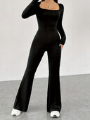 Jesenski šik, jednobojni, ležerni kombinezon, četvrtasti ovratnik, duge rukave, široke široke nogavice, široke hlače, crna svestrana odjeća, ženska odjeća