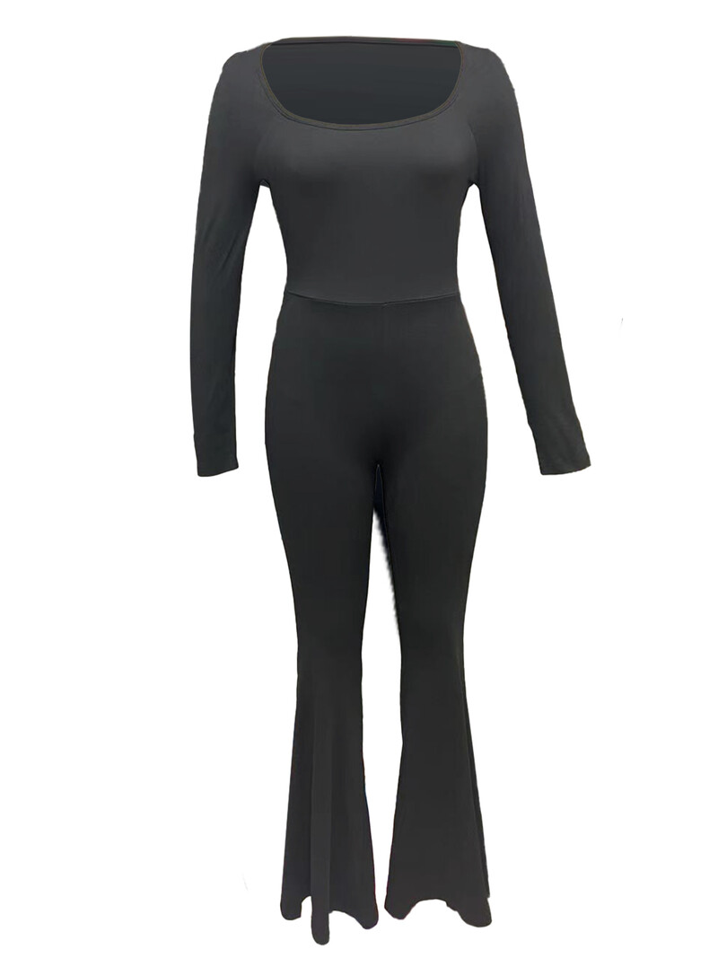 Jesenski šik, jednobojni, ležerni kombinezon, četvrtasti ovratnik, duge rukave, široke široke nogavice, široke hlače, crna svestrana odjeća, ženska odjeća