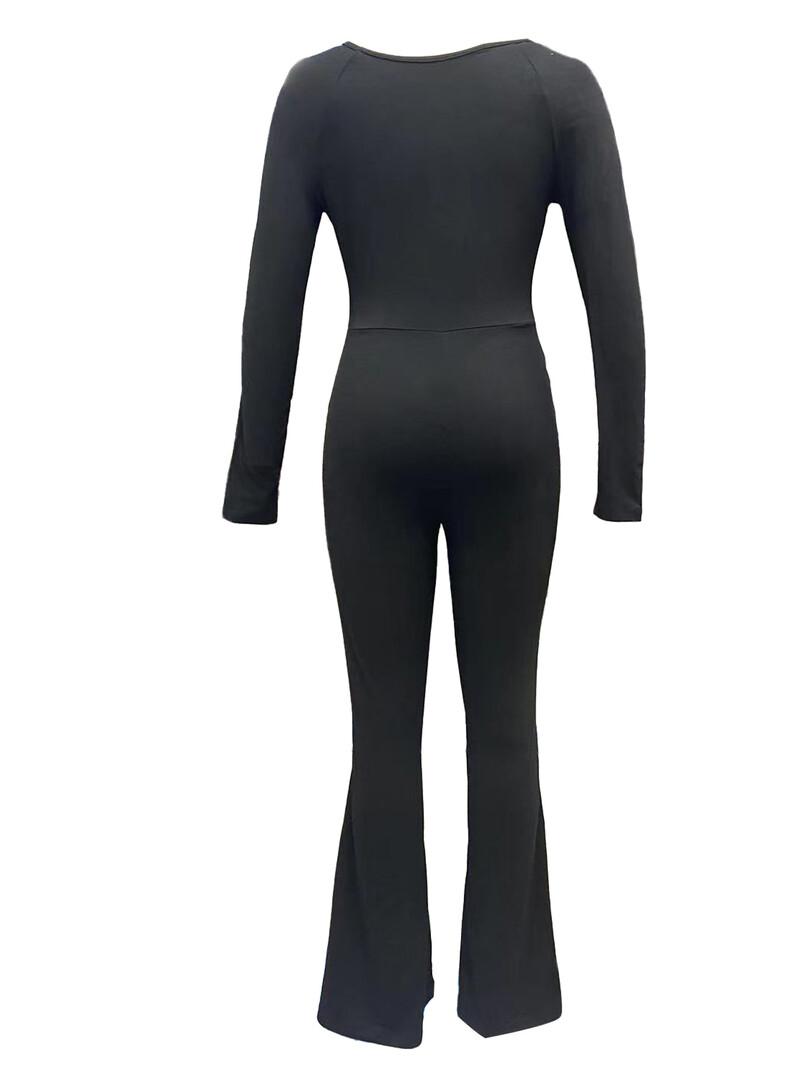 Jesenski šik, jednobojni, ležerni kombinezon, četvrtasti ovratnik, duge rukave, široke široke nogavice, široke hlače, crna svestrana odjeća, ženska odjeća