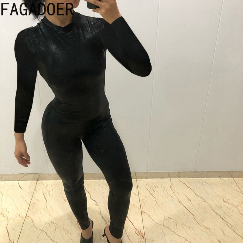 FAGADOER Μαύρο Sexy PU Δερμάτινο Bodycon Ολόσωμες φόρμες Γυναικείες στρογγυλή λαιμόκοψη μακρυμάνικο λεπτές φόρμες για παιχνίδι Σέξι μονόχρωμες φόρμες νυχτερινού κλαμπ