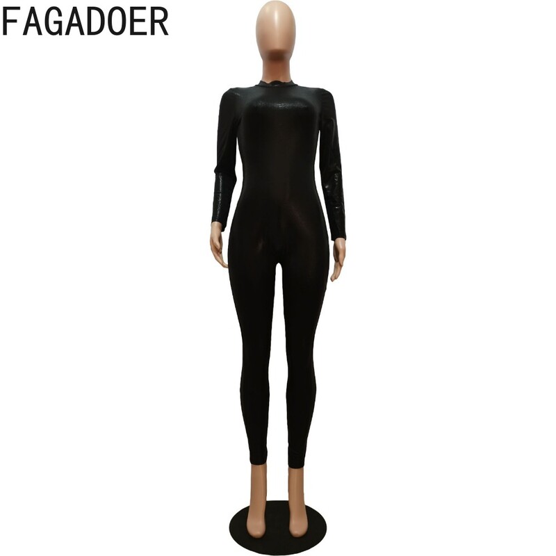 FAGADOER Μαύρο Sexy PU Δερμάτινο Bodycon Ολόσωμες φόρμες Γυναικείες στρογγυλή λαιμόκοψη μακρυμάνικο λεπτές φόρμες για παιχνίδι Σέξι μονόχρωμες φόρμες νυχτερινού κλαμπ