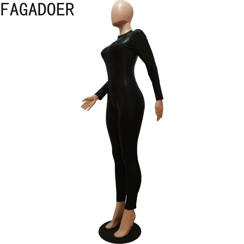 FAGADOER Μαύρο Sexy PU Δερμάτινο Bodycon Ολόσωμες φόρμες Γυναικείες στρογγυλή λαιμόκοψη μακρυμάνικο λεπτές φόρμες για παιχνίδι Σέξι μονόχρωμες φόρμες νυχτερινού κλαμπ