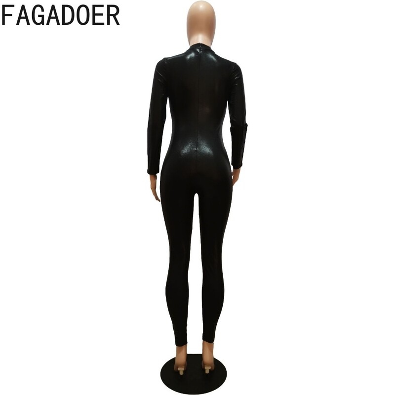 FAGADOER Μαύρο Sexy PU Δερμάτινο Bodycon Ολόσωμες φόρμες Γυναικείες στρογγυλή λαιμόκοψη μακρυμάνικο λεπτές φόρμες για παιχνίδι Σέξι μονόχρωμες φόρμες νυχτερινού κλαμπ