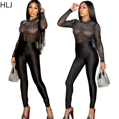 HLJ Black Fashion Mesh Perspective Rhinestones Naktinio klubo kombinezonai Moteriški O kaklo ilgomis rankovėmis Skinny Pants Playsuit Femlae Overall