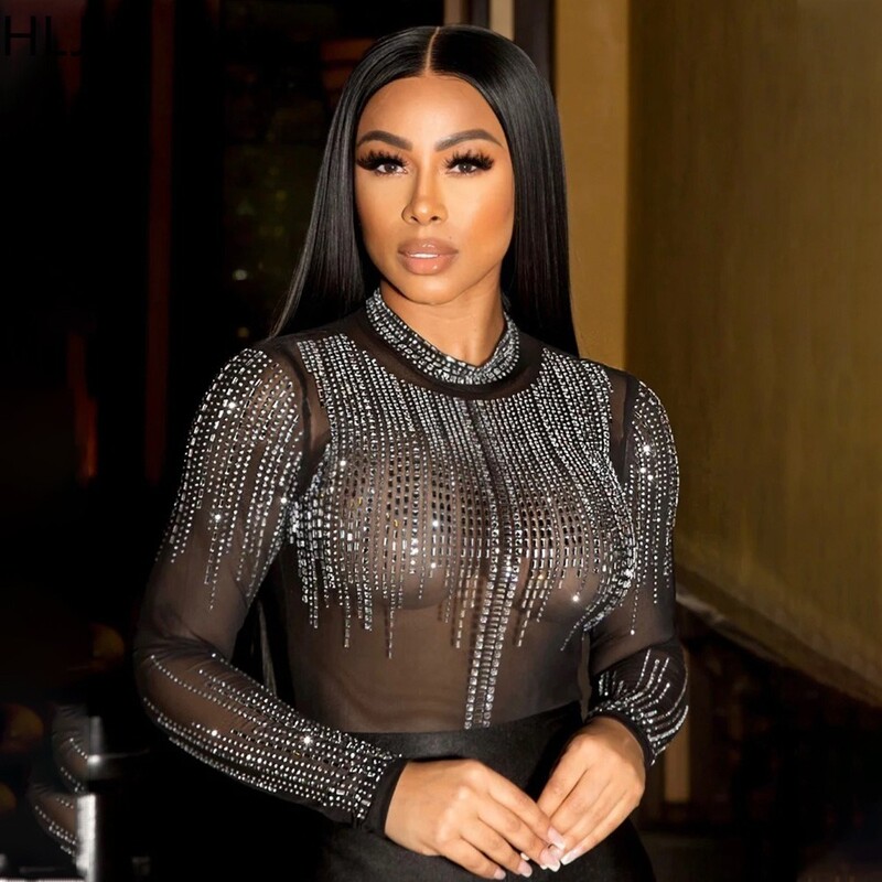 HLJ Crni modni mrežasti kombinezoni za noćne klubove s perspektivnim kamenčićima Ženski kombinezoni s dugim rukavima i okruglim izrezom, uske hlače, kombinezon za igru, ženski kombinezon