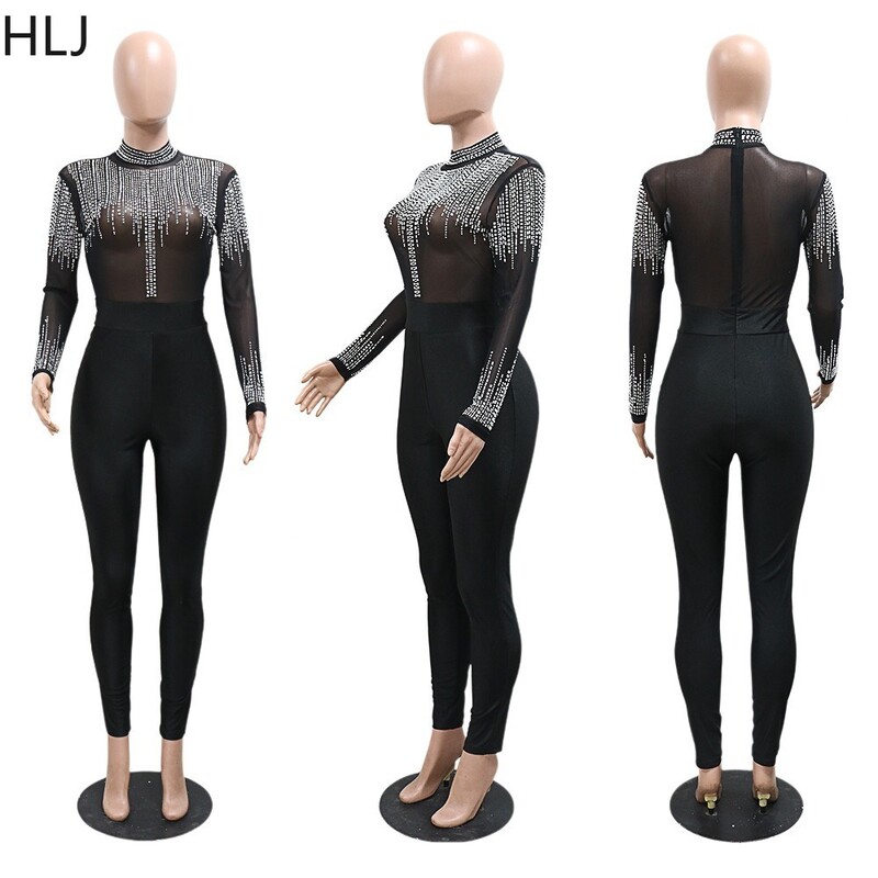 HLJ Crni modni mrežasti kombinezoni za noćne klubove s perspektivnim kamenčićima Ženski kombinezoni s dugim rukavima i okruglim izrezom, uske hlače, kombinezon za igru, ženski kombinezon