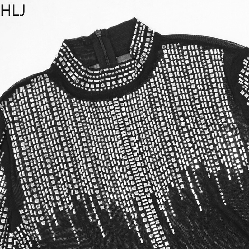 HLJ Crni modni mrežasti kombinezoni za noćne klubove s perspektivnim kamenčićima Ženski kombinezoni s dugim rukavima i okruglim izrezom, uske hlače, kombinezon za igru, ženski kombinezon