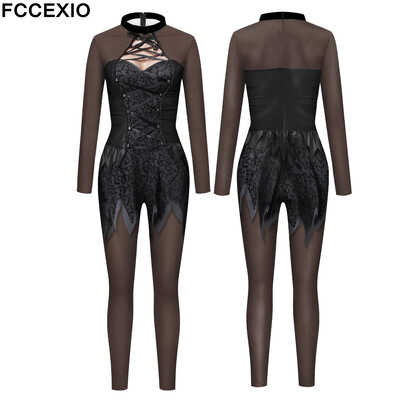 FCCEXIO japonez anime negru imprimeu dantela salopete sexy carnaval cosplay femei body cu mânecă lungă salopete Kawaii fete salopete