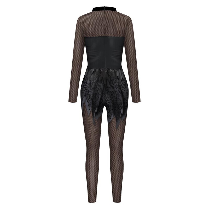 FCCEXIO Japanski anime crni čipkasti print Seksi kombinezon Karnevalski kosplej ženski kombinezon dugih rukava Kawaii kombinezoni za djevojke