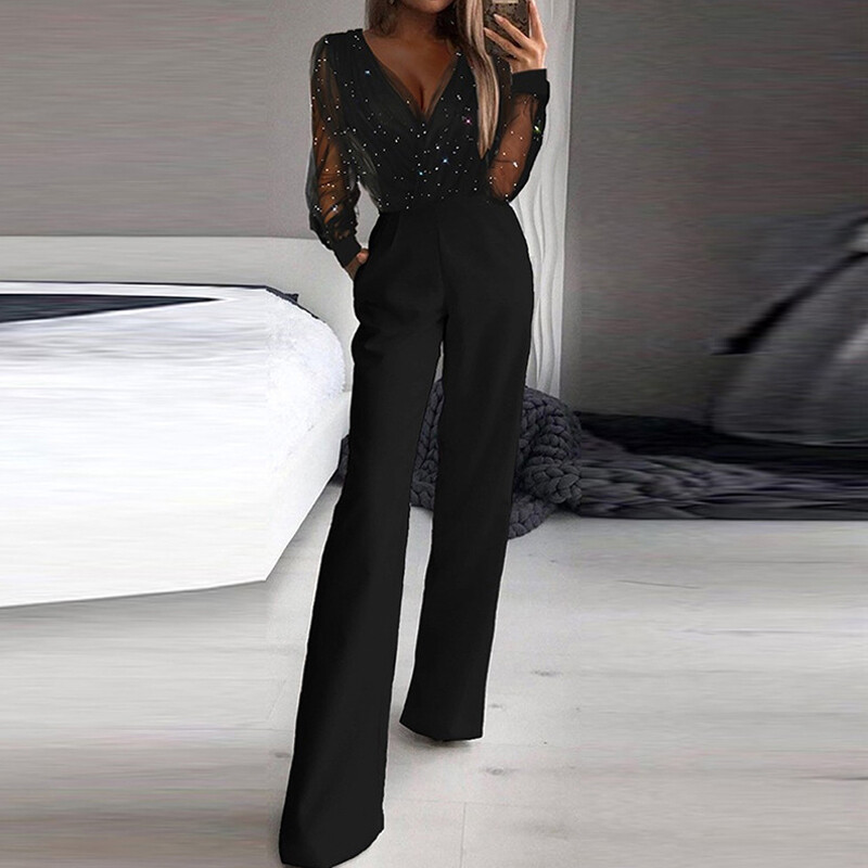 Must, elegantne pitsiline pikkade varrukatega naiste laia säärega kombinesoon 2022 kevadsuvi, uus kontori daami kõrge vöökohaga taskukombine