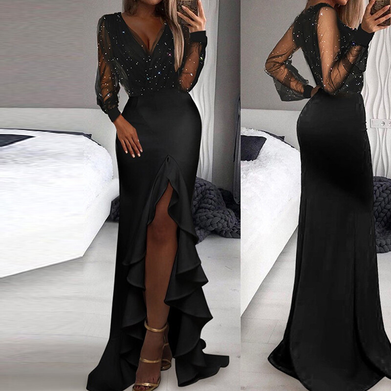 Must, elegantne pitsiline pikkade varrukatega naiste laia säärega kombinesoon 2022 kevadsuvi, uus kontori daami kõrge vöökohaga taskukombine