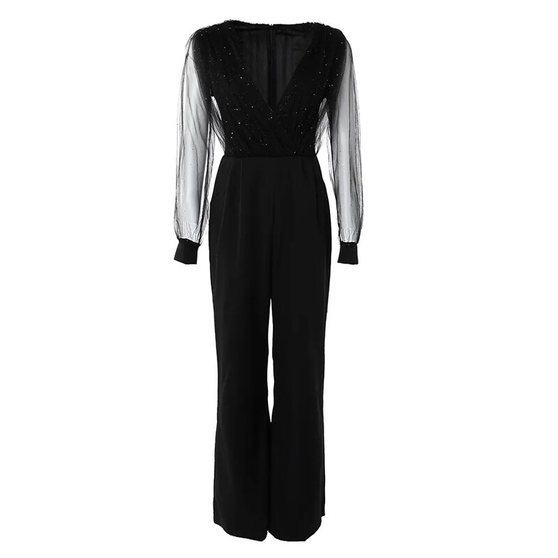 Must, elegantne pitsiline pikkade varrukatega naiste laia säärega kombinesoon 2022 kevadsuvi, uus kontori daami kõrge vöökohaga taskukombine