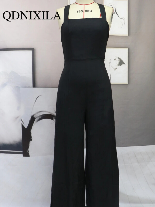 Novi kombinezon Široke nogavice Hlače ravnog struka Crne hlače bez leđa Ženski kombinezoni Ženski kombinezoni Elegantna odjeća