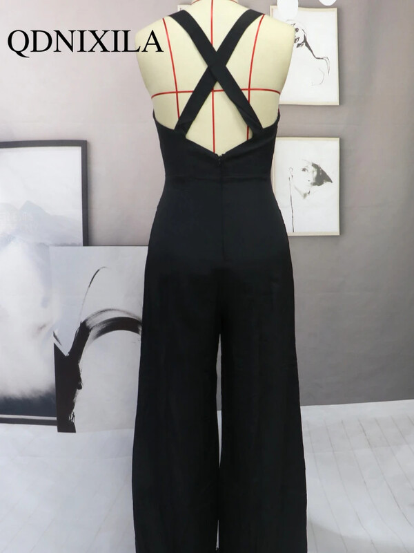 Novi kombinezon Široke nogavice Hlače ravnog struka Crne hlače bez leđa Ženski kombinezoni Ženski kombinezoni Elegantna odjeća