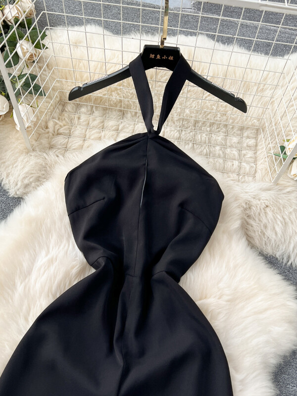 Ženski seksi kombinezon s visećim ovratnikom Ljetni uski hlače širokih nogavica bez naramenica bez leđa Crne kombinezone za igru Ženske uske hlače visokog struka