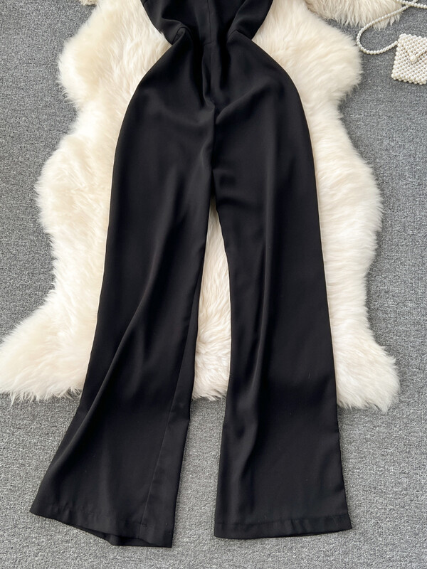 Ženski seksi kombinezon s visećim ovratnikom Ljetni uski hlače širokih nogavica bez naramenica bez leđa Crne kombinezone za igru Ženske uske hlače visokog struka