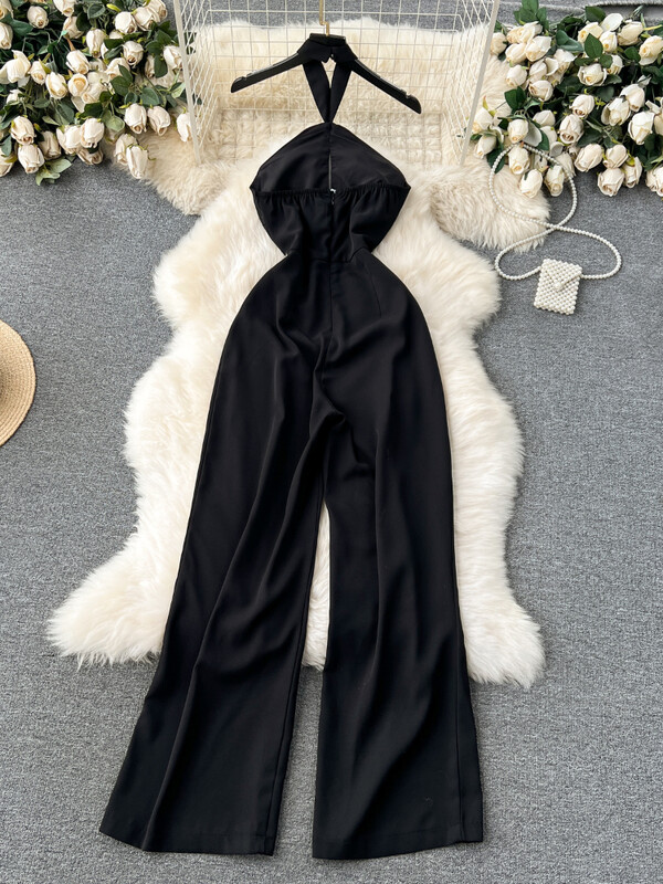 Ženski seksi kombinezon s visećim ovratnikom Ljetni uski hlače širokih nogavica bez naramenica bez leđa Crne kombinezone za igru Ženske uske hlače visokog struka