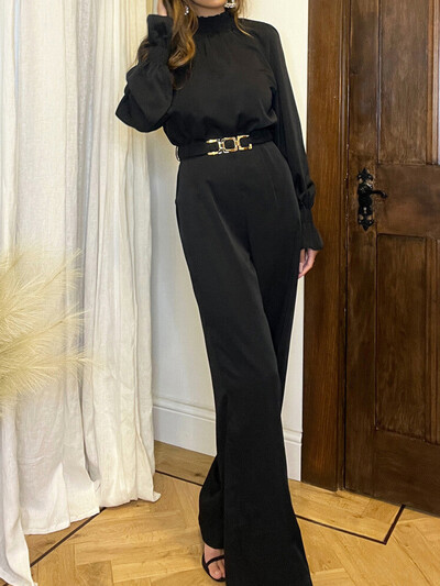 D​rauuuing kombinezon dugih rukava, ženski kombinezon s visokim izrezom, ležeran, elegantan kombinezon s hlačama Ženski crni ženski kombinezon širokih nogavica, jednobojni