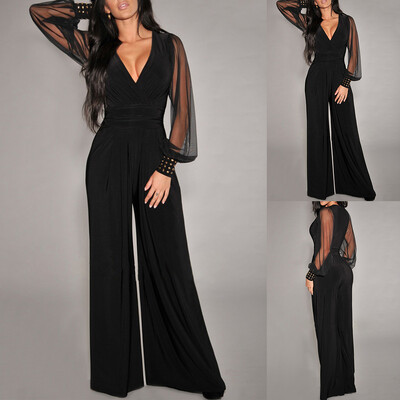 Body sexy pentru femei salopete salopete cu decolteu în v cu fir de plasă îmbinare moda sexy cu nituri drepte salopete pentru femei Streetwear YML0080
