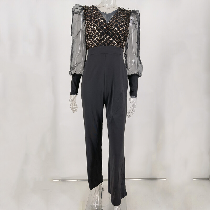 Seksi crni mrežasti kombinezon za noćni klub s dugim rukavima i šljokicama, ženska elegancija, ljetna zabava, klupska odjeća, kombinezoni, bodi