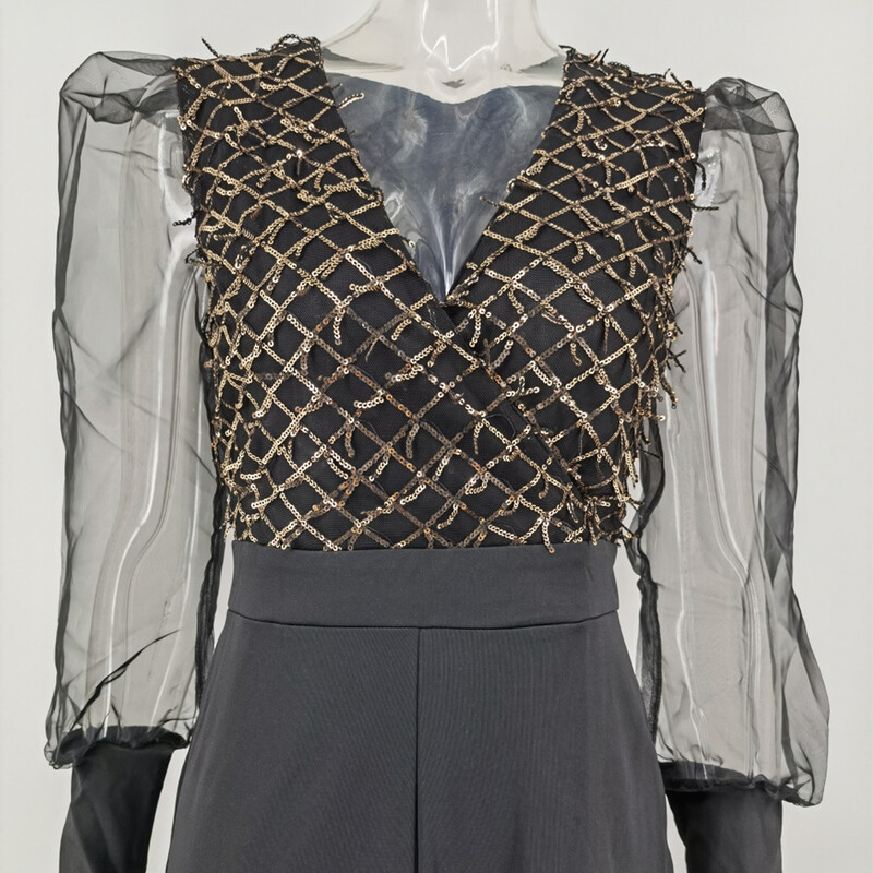 Seksi crni mrežasti kombinezon za noćni klub s dugim rukavima i šljokicama, ženska elegancija, ljetna zabava, klupska odjeća, kombinezoni, bodi