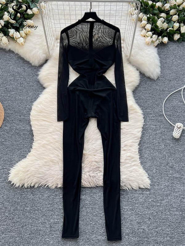 SINGREINY American Ins seksi kombinezoni Ženske pune rukave s patentnim zatvaračem Mrežasti spoj Prozirni objedinjavajući šik dizajn Hotsweet ljetni kombinezoni