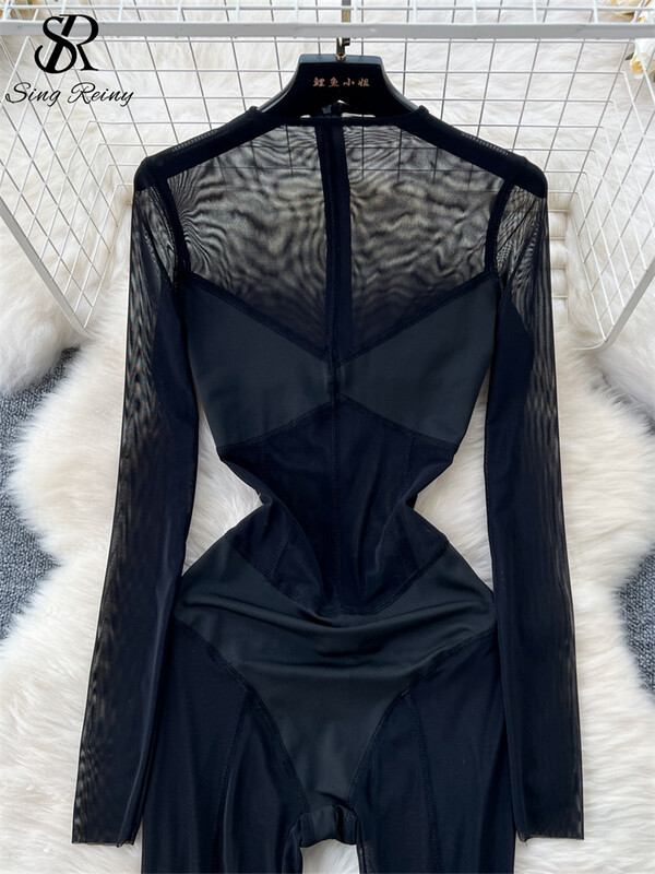 SINGREINY American Ins seksi kombinezoni Ženske pune rukave s patentnim zatvaračem Mrežasti spoj Prozirni objedinjavajući šik dizajn Hotsweet ljetni kombinezoni